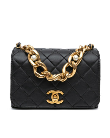 Quilted Calfskin Pearl Jewel Chain Flap Satchel with CC Turn Lock Closure