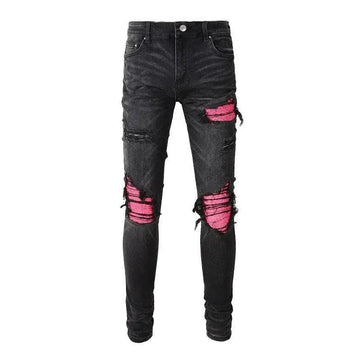 1984 Cracked Leather Patch Biker Streetwear Jeans S001