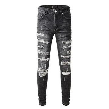 1984 Gray Distressed Holes Paisley Bandanna Patchwork Jeans 001
