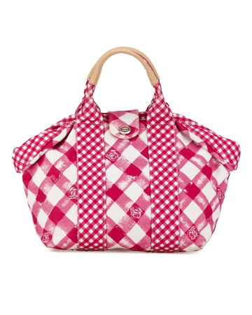 Gingham Canvas Handbag with Leather Handles and Interior Pockets