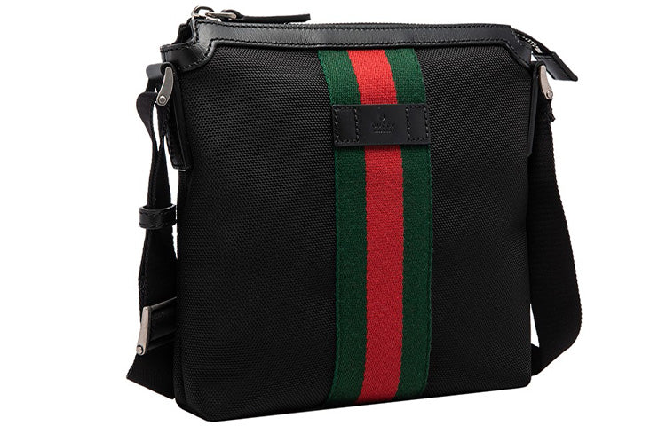 Men's Gucci Red Green Stripe Webbing Leather Logo Canvas Shoulder Messenger Bag Black 631195-KWT7N-1060