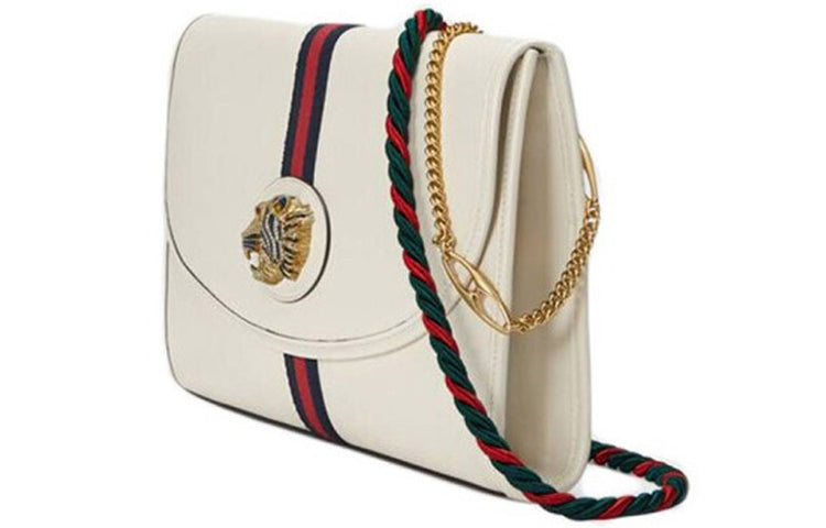 MLB Gucci Rajah Enamel Tiger Head Stripe Webbing Leather Chain Shoulder Messenger Bag White Retro 564697-0OLKX-8609