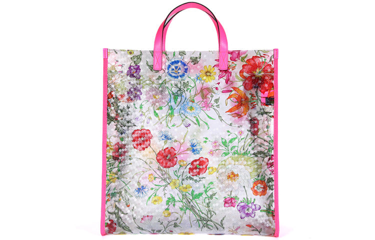 MLB Gucci Metallic Tiger Head Adornment Flowers Printing PVC Tote Pink Handbag 548713-91EB0-8859