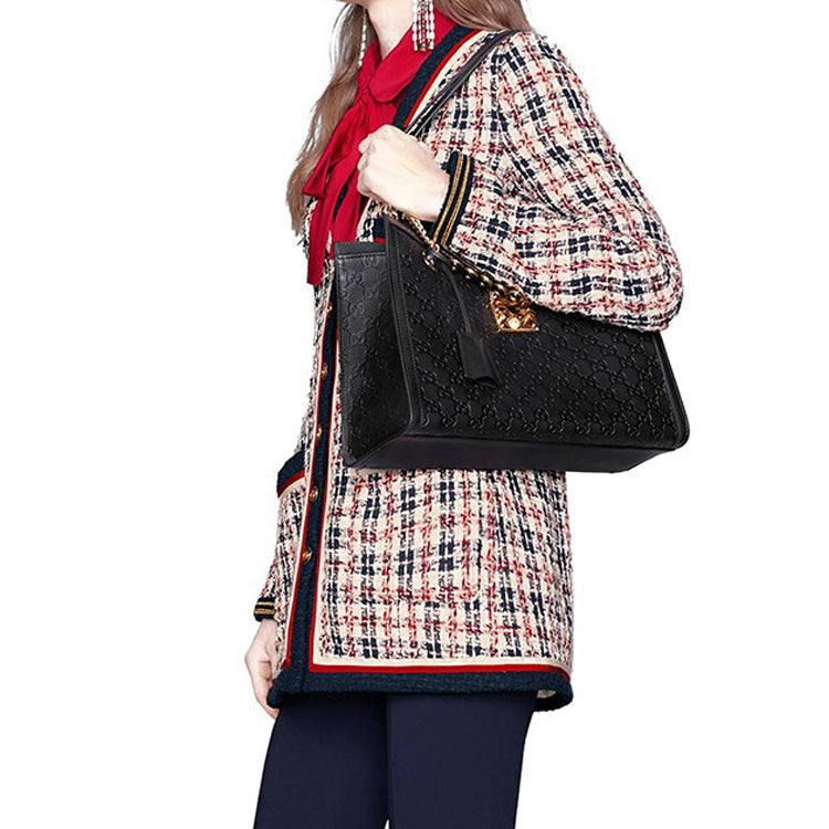 MLB Gucci Padlock Metallic Logo Embossing Leather Tote Chain Black Handbag 479197-0REAG-1000