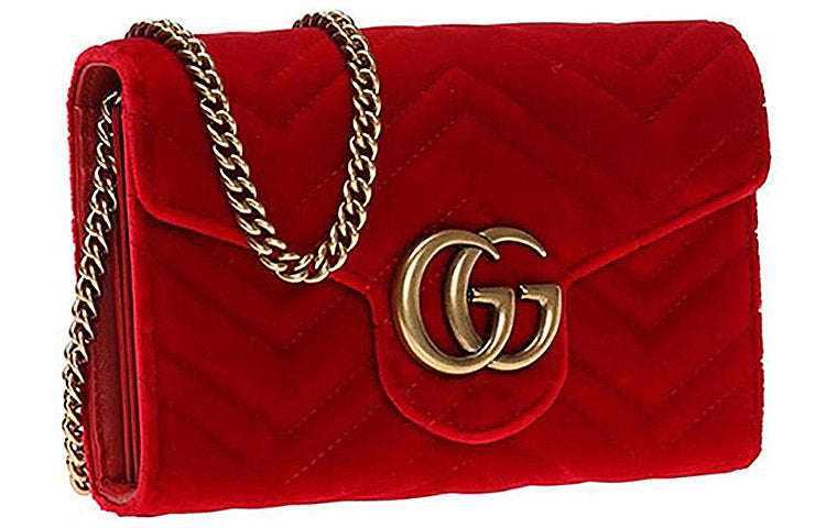 MLB Gucci GG Marmont Gold Logo Distress Velvet Chain Shoulder Messenger Bag Mini Red 474575-9QIDT-6433