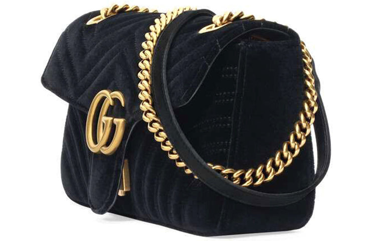 MLB Gucci GG Marmont Gold Logo Velvet Chain Shoulder Messenger Bag Small Black Classic 443497-K4D2T-1000