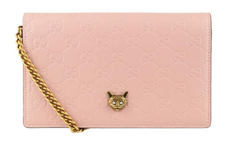 MLB Gucci Metallic Logo Embossing Leather Chain Shoulder Messenger Bag Pink 548060-0G6FT-5877
