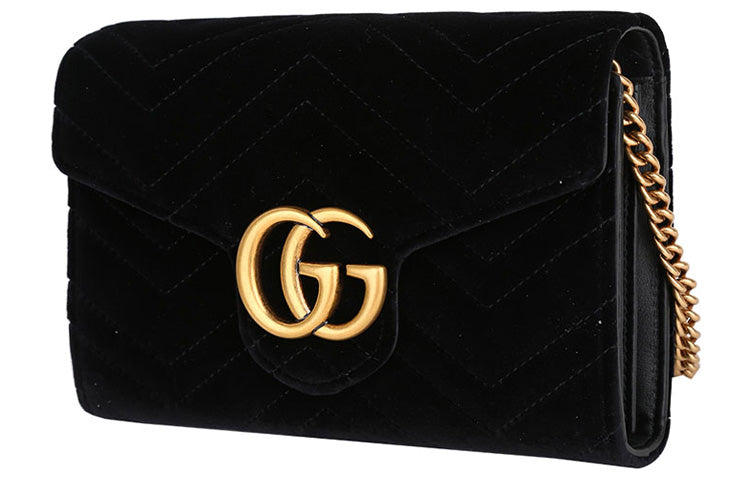 MLB Gucci GG Marmont Gold Logo Distress Velvet Chain Shoulder Messenger Bag Mini Black 474575-9QIDT-1000