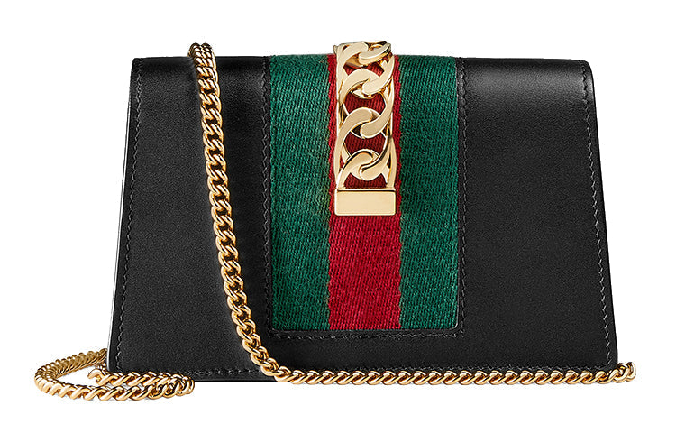MLB Gucci Sylvie Series Fabric/ Leather Single Shoulder Satchel mini Black/ Red/ Green 494646-CWLSG-1060