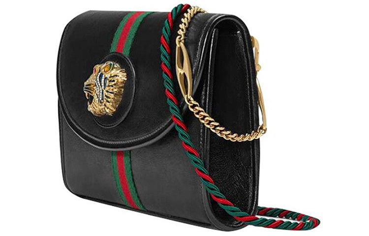 MLB Gucci Rajah Enamel Tiger Head Stripe Webbing Leather Chain Shoulder Messenger Bag Black Retro 564697-0OLKX-8389