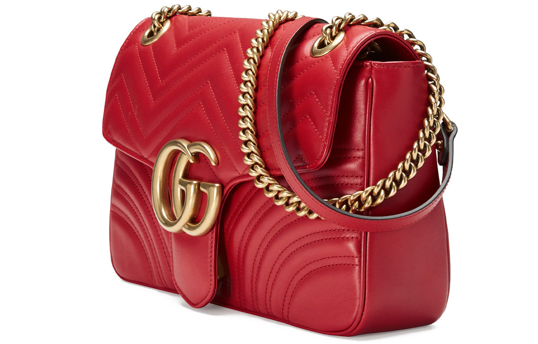 MLB Gucci GG Marmont Gold Logo Distress Leather Chain Shoulder Messenger Bag Red Classic 443496-DTDIT-6433