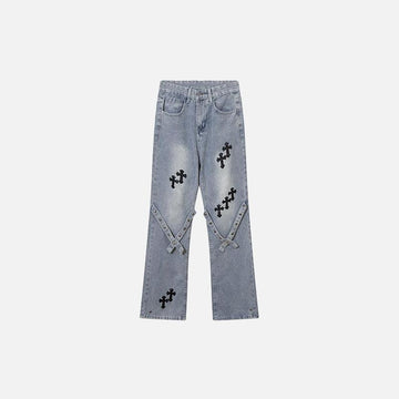 Cross Embroidered Wide Leg Jeans