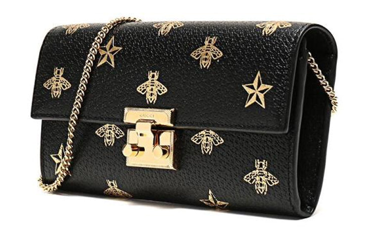 MLB Gucci Padlock Metallic Bee Star Printing Leather Chain Wallet Shoulder Bag Armpit Black Handbag 453506-DJ2KG-8474