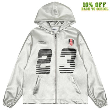 Makersluxe® Silver Faux Leather Zipper Hoodie 23 Print