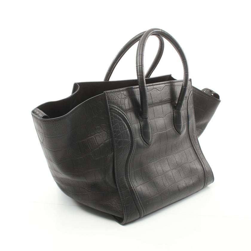 Celine Luggage Phantom Black Croc Embossed Leather Handbag Tote Bag Medium