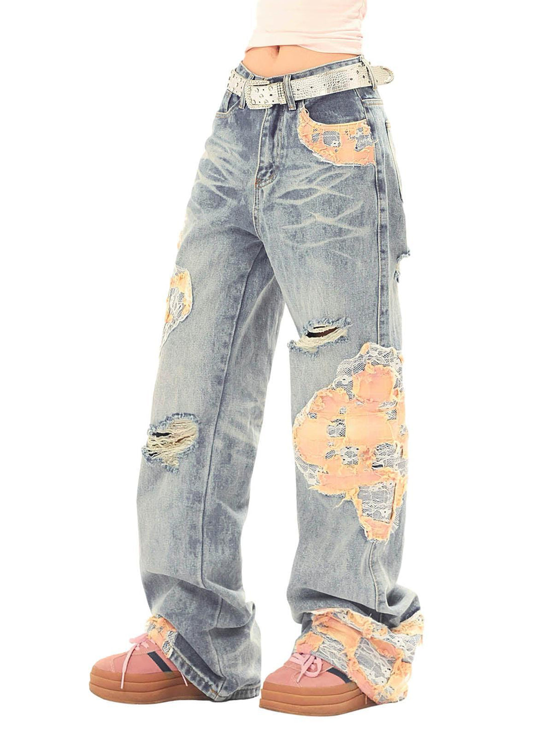 Makersluxe Vintage Lace Patchwork Baggy Jeans