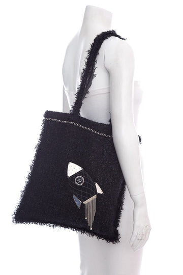 Chanel Black Tweed Rocket Shopper Handbag