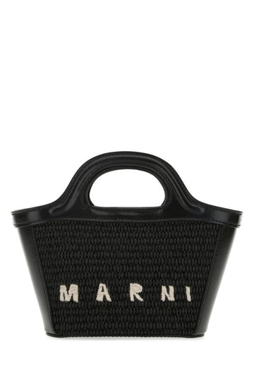 Marni Woman Black Leather And Straw Micro Tropicalia Summer Handbag