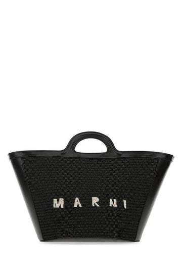 Marni Woman Black Leather And Raffia Small Tropicalia Summer Handbag