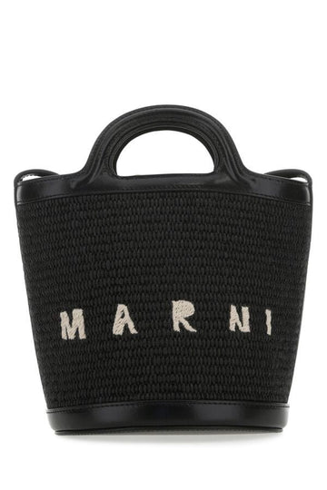 Marni Woman Black Leather And Raffia Tropicalia Bucket Bag