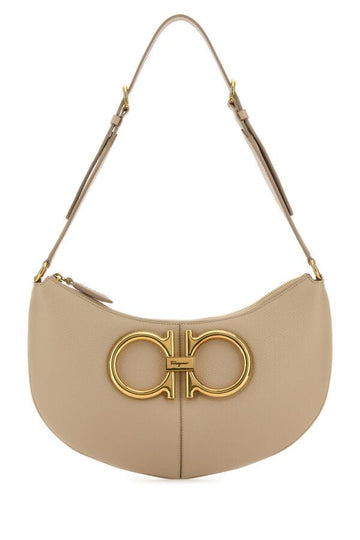 Salvatore Ferragamo Woman Beige Leather Maxi Gancio Shoulder Bag