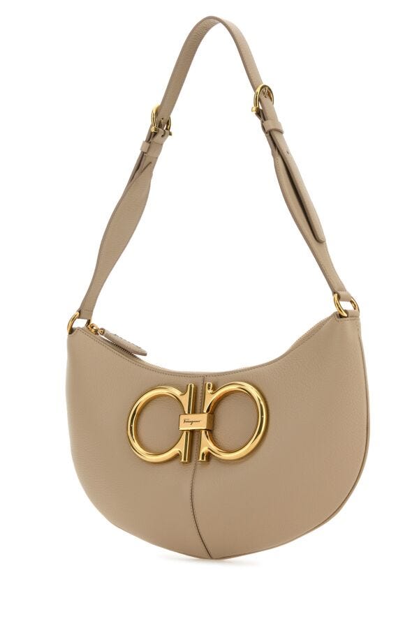 Salvatore Ferragamo Woman Beige Leather Maxi Gancio Shoulder Bag