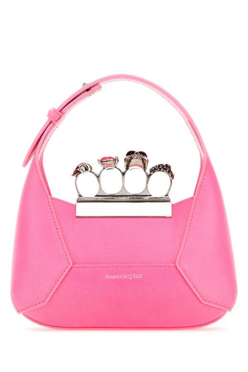 Alexander Mcqueen Woman Fluo Pink Leather Mini Jewelled Hobo Handbag