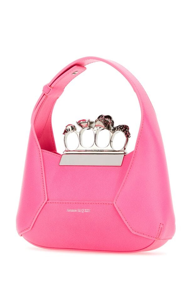 Alexander Mcqueen Woman Fluo Pink Leather Mini Jewelled Hobo Handbag