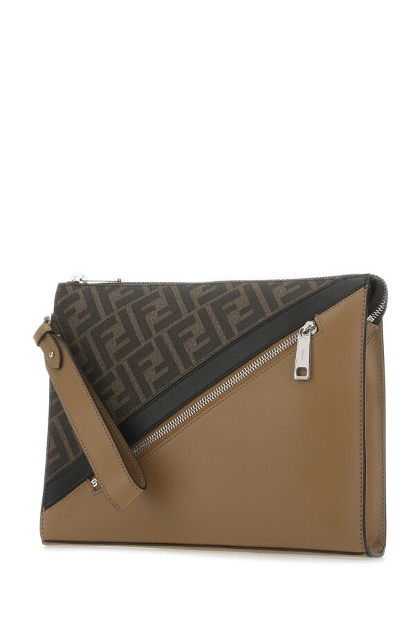 Fendi Man Multicolor Fabric And Leather Clutch