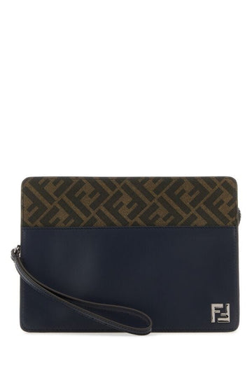Fendi Man Embroidered Canvas And Leather Standing Clutch