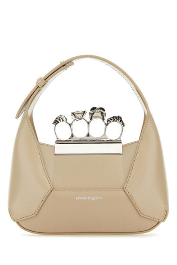 Alexander Mcqueen Woman Sand Leather Mini Jewelled Hobo Handbag