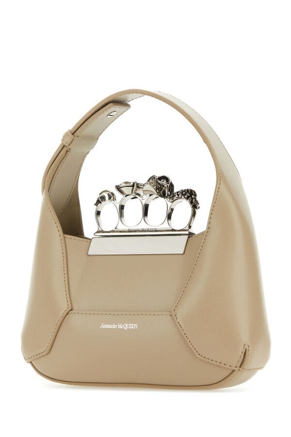 Alexander Mcqueen Woman Sand Leather Mini Jewelled Hobo Handbag