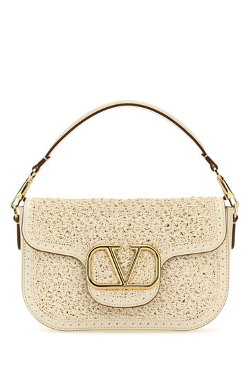 Valentino Garavani Woman Ivory Raffia And Leather Vlogo Handbag
