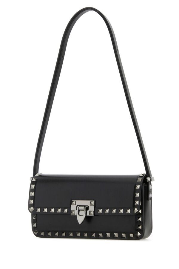 Valentino Garavani Woman Black Leather Rockstud Shoulder Bag