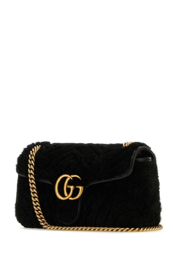 Gucci Woman Black Shearling Small Gg Marmont Shoulder Bag