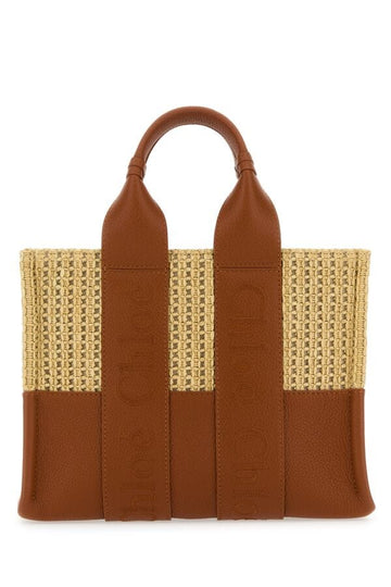Chloe Woman Two-Tone Raffia And Leather Small Woody Shopping Bag