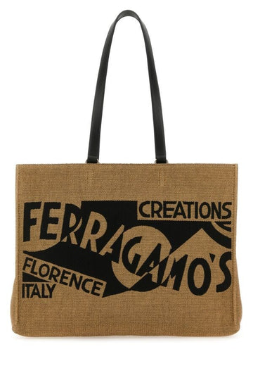 Salvatore Ferragamo Woman Camel Raffia Large Tt Sign Shopping Bag