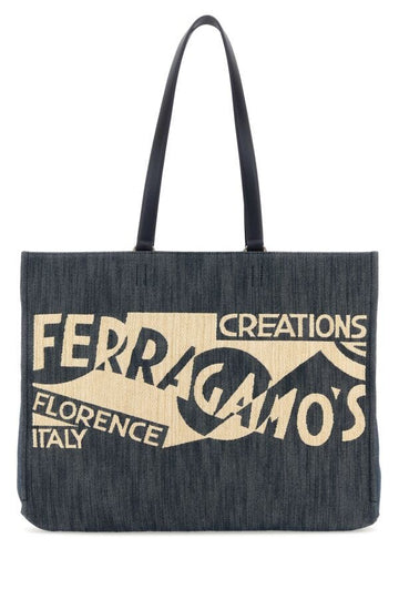 Salvatore Ferragamo Woman Blue Denim Large Tt Sign Shopping Bag