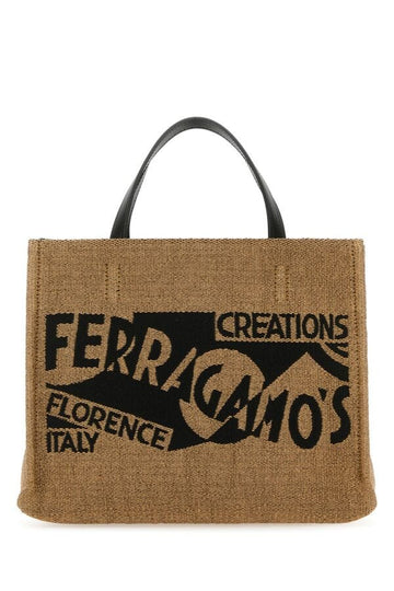 Salvatore Ferragamo Woman Camel Raffia Small Tt Sign Shopping Bag