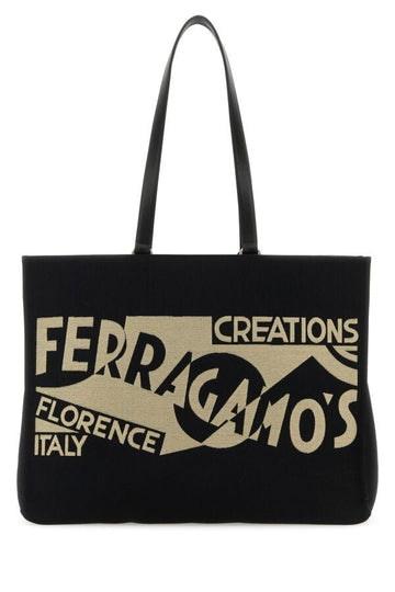 Salvatore Ferragamo Woman Black Canvas Large Tt Sign Shopping Bag