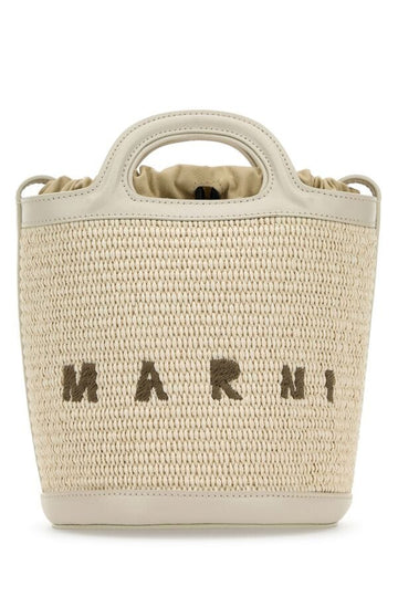 Marni Woman Ivory Leather And Raffia Tropicalia Bucket Bag