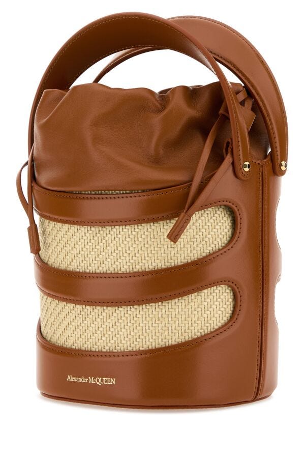 Alexander Mcqueen Woman Two-Tone Leather And Raffia The Rise Bucket Bag