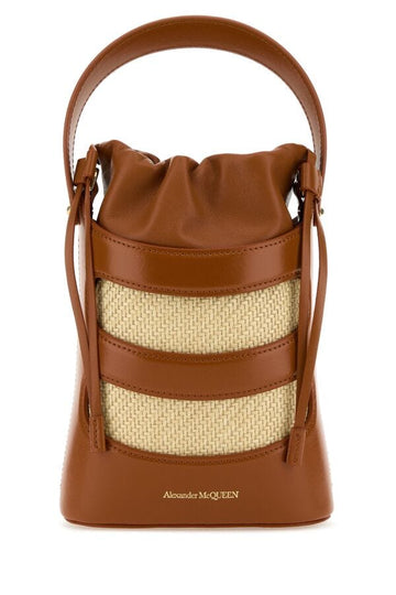 Alexander Mcqueen Woman Two-Tone Leather And Raffia Mini The Rise Bucket Bag