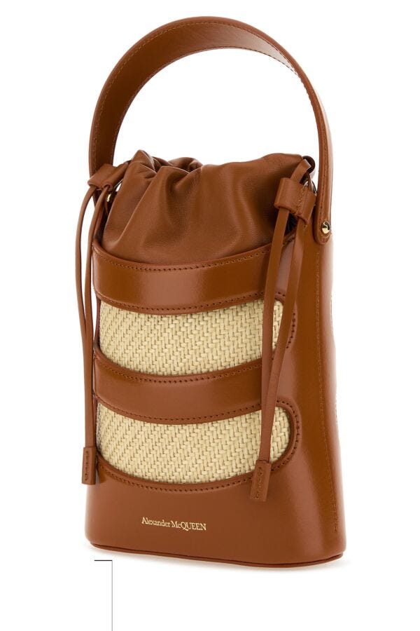Alexander Mcqueen Woman Two-Tone Leather And Raffia Mini The Rise Bucket Bag
