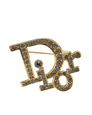 Gold Plated Rhinestone Logo Brooch with Back Pin Closure