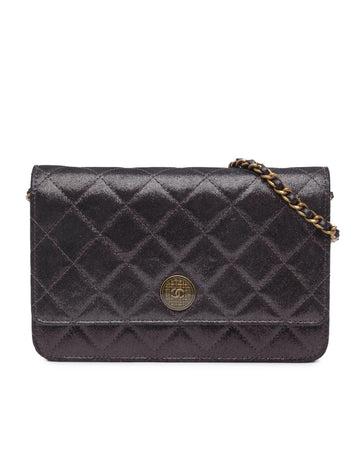 Quilted Iridescent Lambskin Tartan Button Wallet On Chain