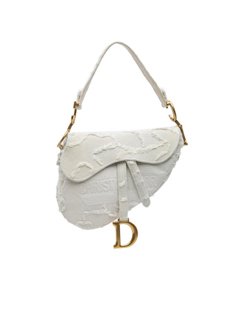 Embroidered Canvas Saddle Bag with Leather Strap and Flap Closure
