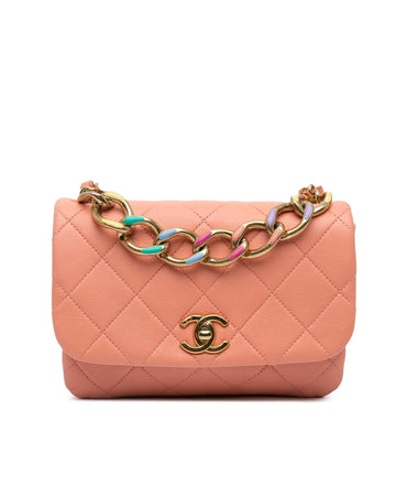 Small Quilted Lambskin Flap Satchel with Chain Link Handle