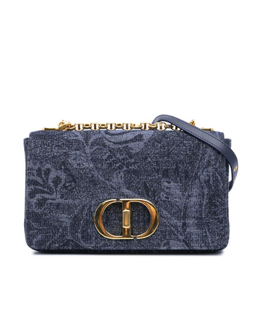 Medium Denim Floral Caro Bag with Chain Strap and Metal Turn Lock