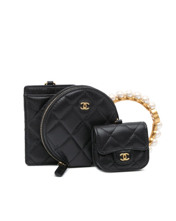 Lambskin Leather Quilted Wristlet with Pearl Handle and Multi Pouches